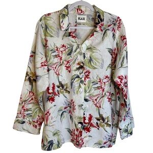 Flax 100% Linen Floral Long Sleeve Shirt Button Front Sz M